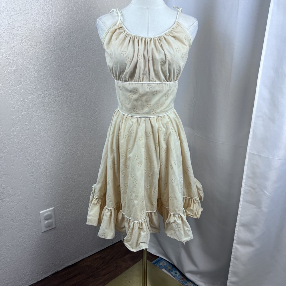 Vintage Prairie Dress Womens XS Cream Eyelet Ruffle Cottagecore Romantic Western